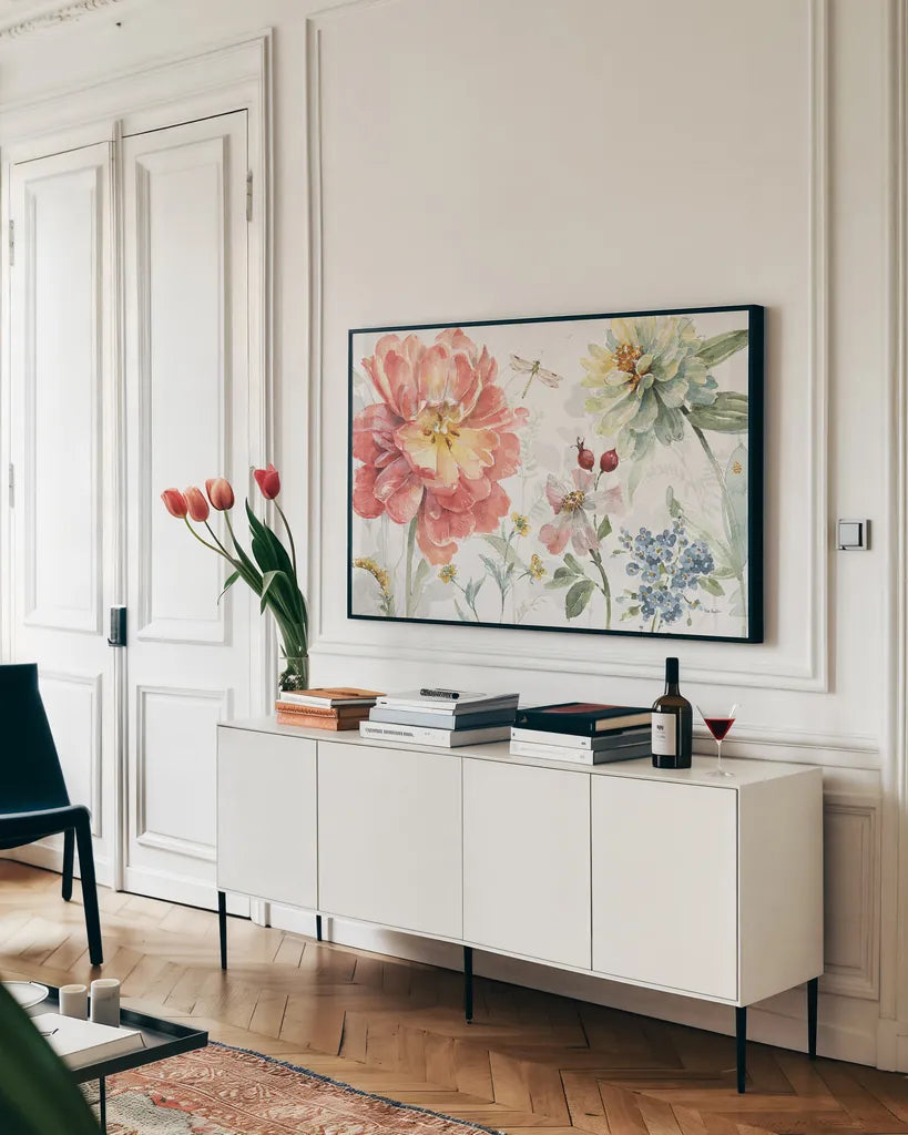 Spring Meadow I by Lisa Audit. shown as a framed stretched canvas in a living room above a console. Available as a archival giclee rolled canvas, fine art paper, or poster print. SKU 51760i.