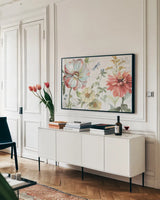 Spring Meadow II by Lisa Audit. shown as a framed stretched canvas in a living room above a console. Available as a archival giclee rolled canvas, fine art paper, or poster print. SKU 51761i.