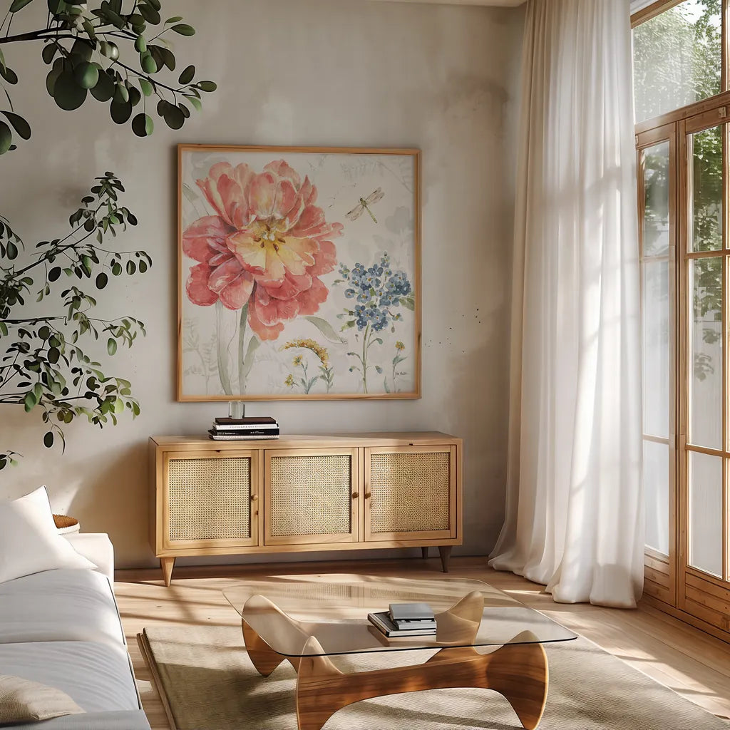 Spring Meadow III by Lisa Audit. Shown in a natural wood frame in a cozy modern living room. Available as an archival giclee rolled canvas, fine art paper, or poster print. SKU 51762a.