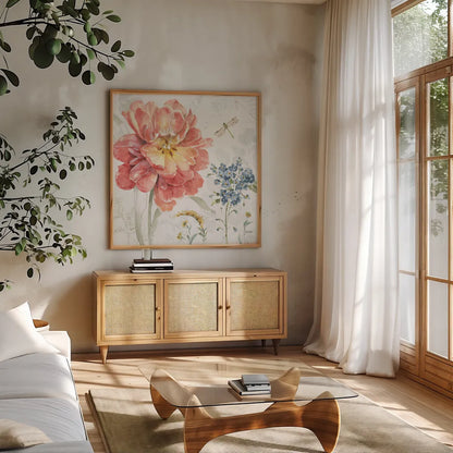 Spring Meadow III by Lisa Audit. Shown in a natural wood frame in a cozy modern living room. Available as an archival giclee rolled canvas, fine art paper, or poster print. SKU 51762a.