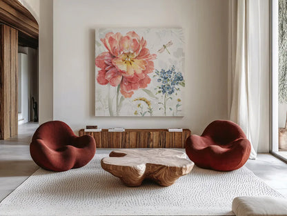 Spring Meadow III by Lisa Audit. Shown as extra-large giant wall art in a modern living room. Available as an archival giclee rolled canvas, fine art paper, or poster print. SKU 51762a.