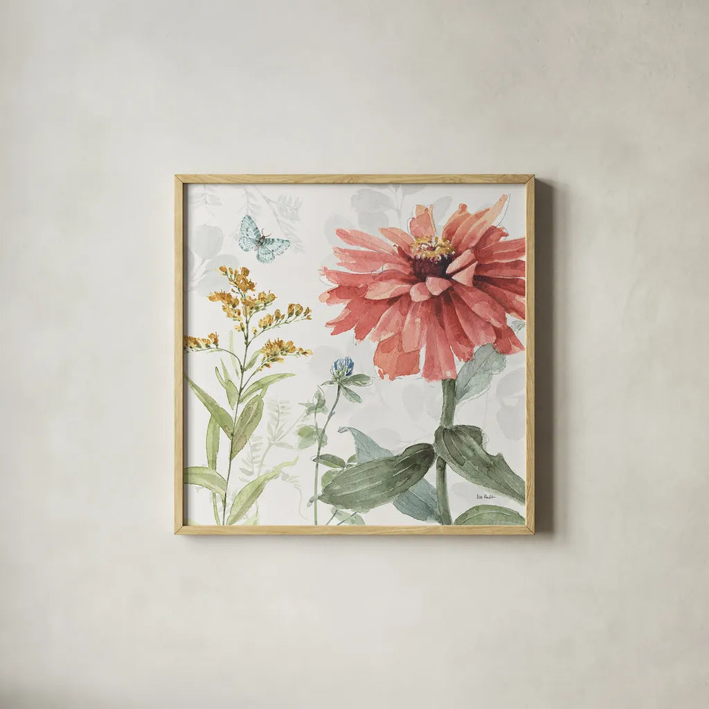 Spring Meadow IV by Lisa Audit. Shown in a natural wood glass frame for a timeless modern aesthetic. Available as an archival giclee rolled canvas, fine art paper, or poster print. SKU 51763a.