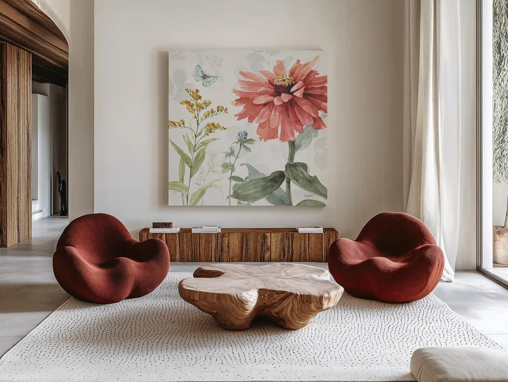 Spring Meadow IV by Lisa Audit. Shown as extra-large giant wall art in a modern living room. Available as an archival giclee rolled canvas, fine art paper, or poster print. SKU 51763a.