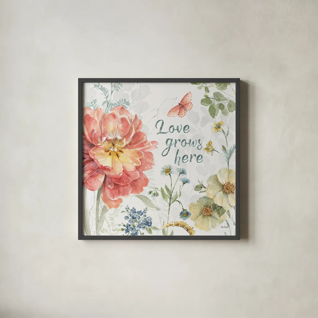 Spring Meadow IX by Lisa Audit. Shown in a sleek black glass frame for a contemporary gallery look. Available as an archival giclee rolled canvas, fine art paper, or poster print. SKU 51768a.