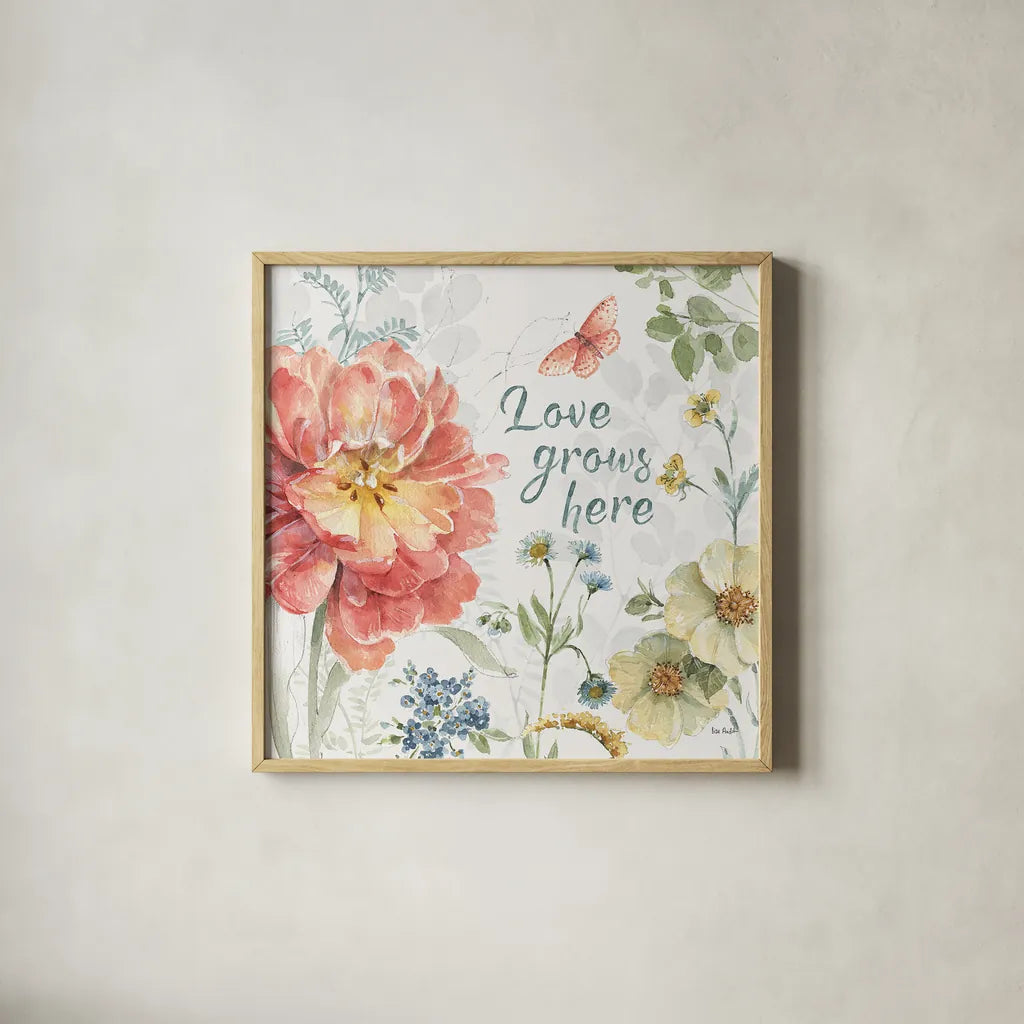 Spring Meadow IX by Lisa Audit. Shown in a natural wood glass frame for a timeless modern aesthetic. Available as an archival giclee rolled canvas, fine art paper, or poster print. SKU 51768a.