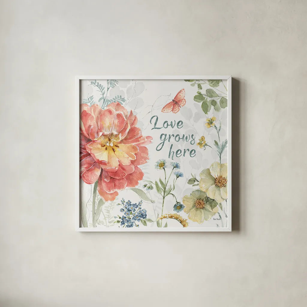 Spring Meadow IX by Lisa Audit. Shown in a crisp white glass frame for a clean and minimalist style. Available as an archival giclee rolled canvas, fine art paper, or poster print. SKU 51768a.