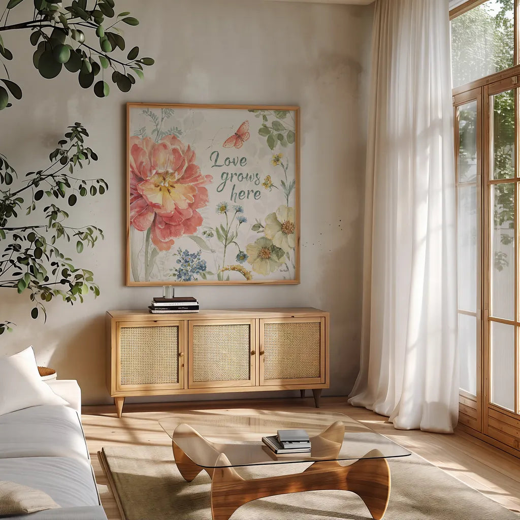 Spring Meadow IX by Lisa Audit. Shown in a natural wood frame in a cozy modern living room. Available as an archival giclee rolled canvas, fine art paper, or poster print. SKU 51768a.