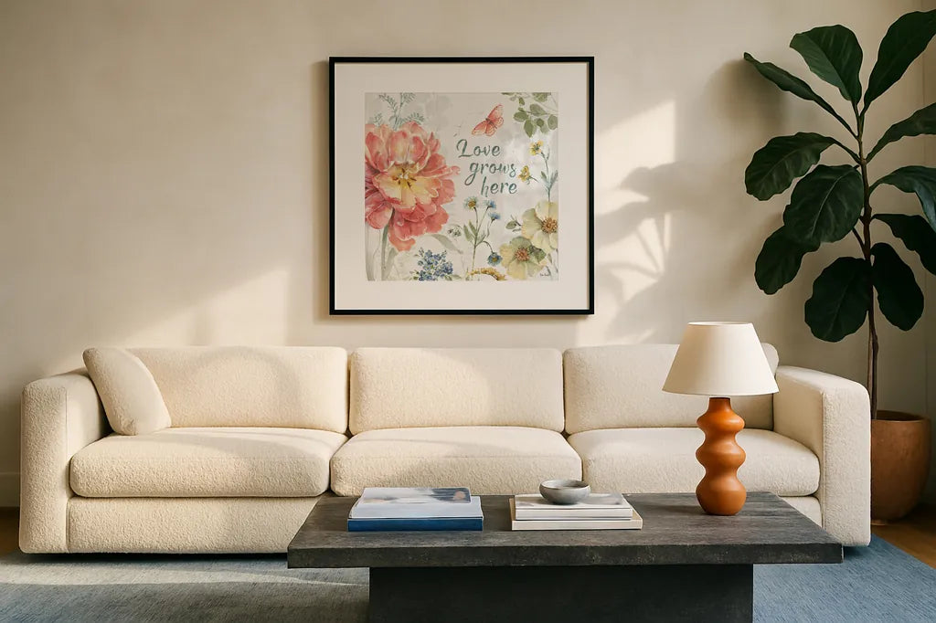 Spring Meadow IX by Lisa Audit. Displayed in a glass frame with matte in a clean modern living room. Available as an archival giclee rolled canvas, fine art paper, or poster print. SKU 51768a.
