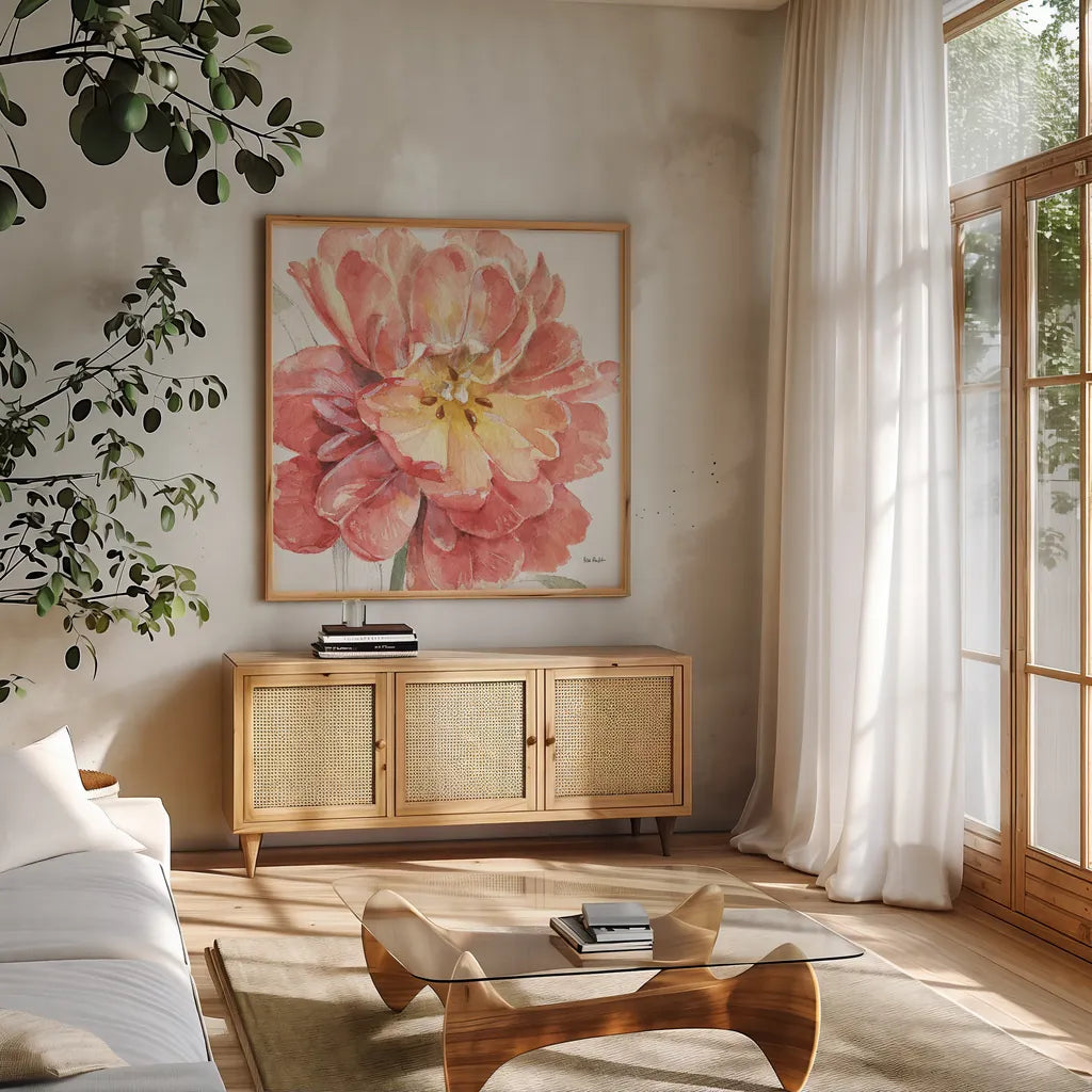 Spring Meadow V by Lisa Audit. Shown in a natural wood frame in a cozy modern living room. Available as an archival giclee rolled canvas, fine art paper, or poster print. SKU 51764a.