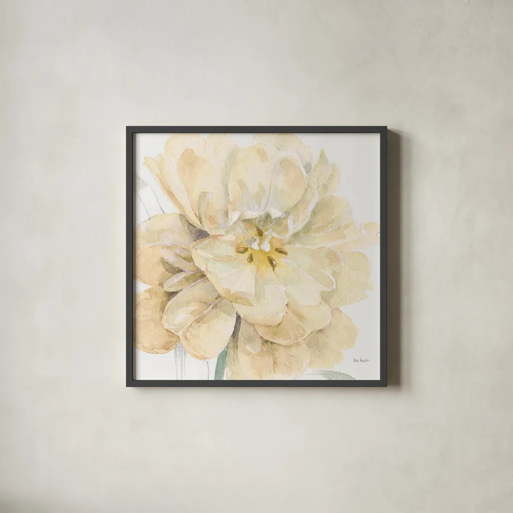 Spring Meadow V Cream by Lisa Audit. Shown in a sleek black glass frame for a contemporary gallery look. Available as an archival giclee rolled canvas, fine art paper, or poster print. SKU 68838a.