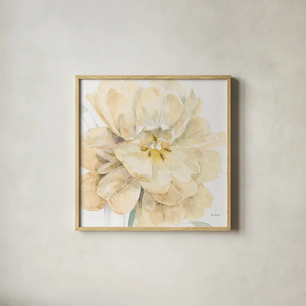 Spring Meadow V Cream by Lisa Audit. Shown in a natural wood glass frame for a timeless modern aesthetic. Available as an archival giclee rolled canvas, fine art paper, or poster print. SKU 68838a.