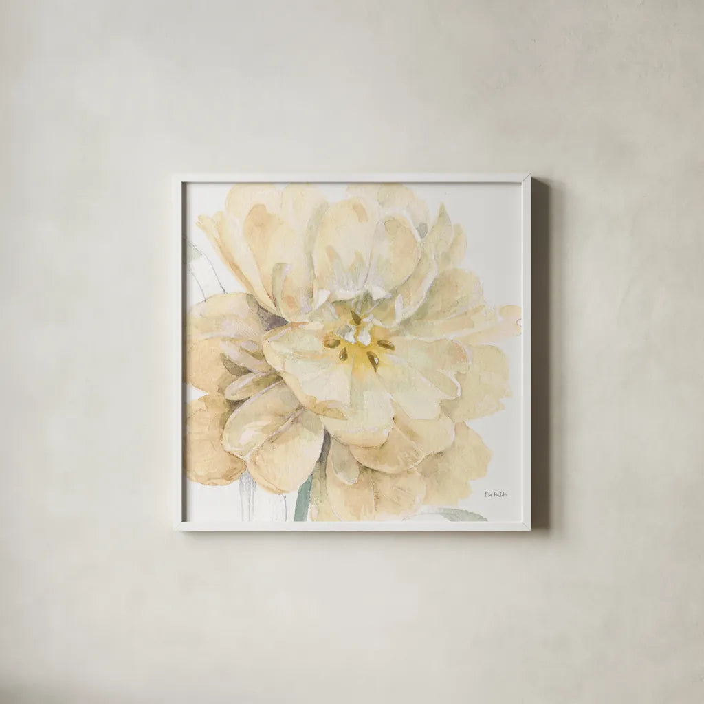 Spring Meadow V Cream by Lisa Audit. Shown in a crisp white glass frame for a clean and minimalist style. Available as an archival giclee rolled canvas, fine art paper, or poster print. SKU 68838a.