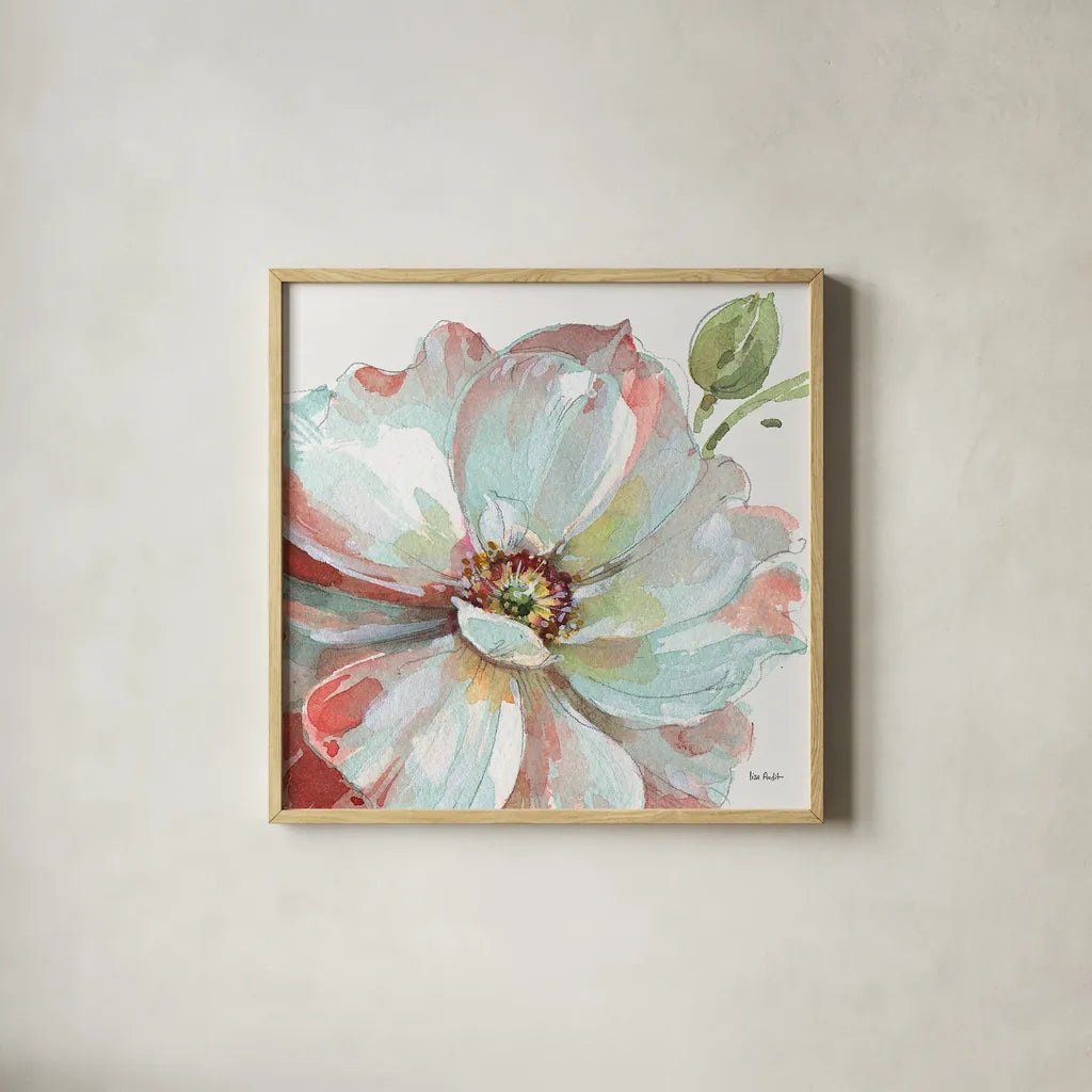 Spring Meadow VI by Lisa Audit. Shown in a natural wood glass frame for a timeless modern aesthetic. Available as an archival giclee rolled canvas, fine art paper, or poster print. SKU 51765a.