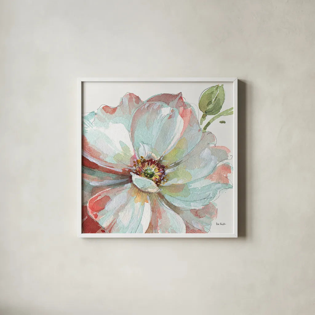 Spring Meadow VI by Lisa Audit. Shown in a crisp white glass frame for a clean and minimalist style. Available as an archival giclee rolled canvas, fine art paper, or poster print. SKU 51765a.