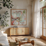 Spring Meadow VI by Lisa Audit. Shown in a natural wood frame in a cozy modern living room. Available as an archival giclee rolled canvas, fine art paper, or poster print. SKU 51765a.