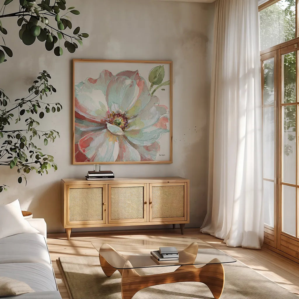 Spring Meadow VI by Lisa Audit. Shown in a natural wood frame in a cozy modern living room. Available as an archival giclee rolled canvas, fine art paper, or poster print. SKU 51765a.