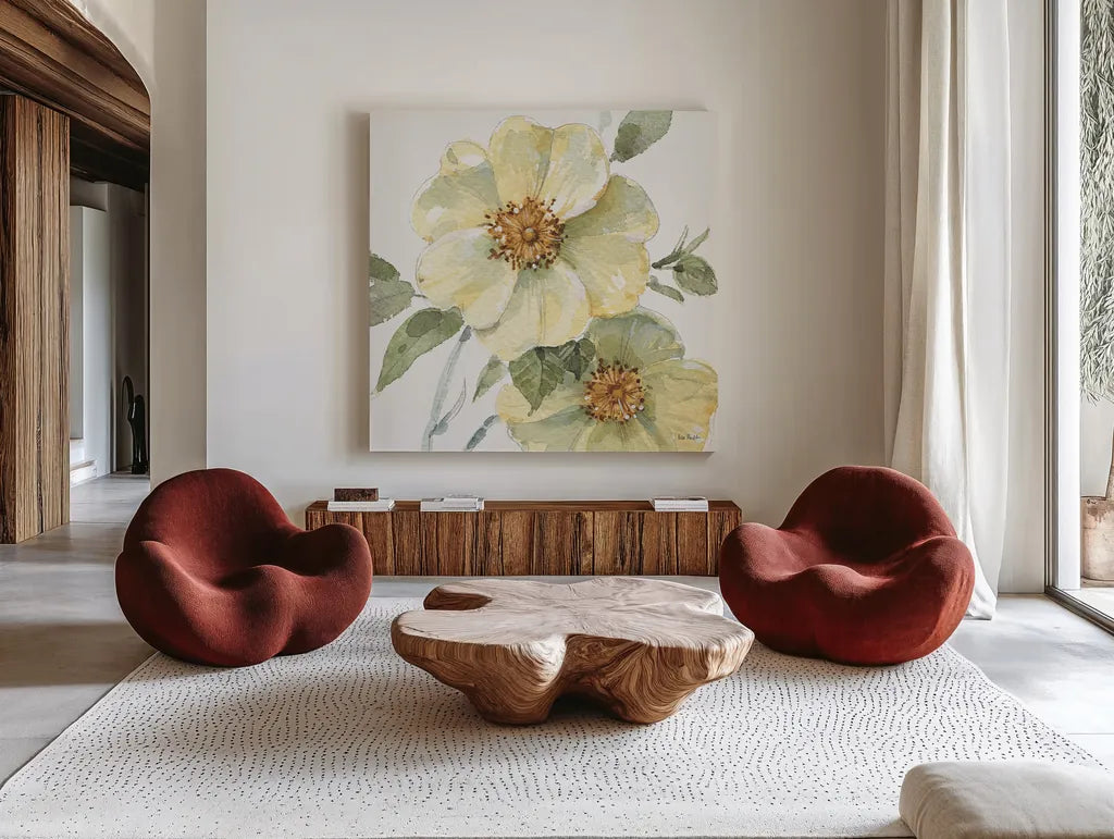 Spring Meadow VII by Lisa Audit. Shown as extra-large giant wall art in a modern living room. Available as an archival giclee rolled canvas, fine art paper, or poster print. SKU 51766a.