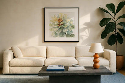 Spring Meadow VIII by Lisa Audit. Displayed in a glass frame with matte in a clean modern living room. Available as an archival giclee rolled canvas, fine art paper, or poster print. SKU 51767a.