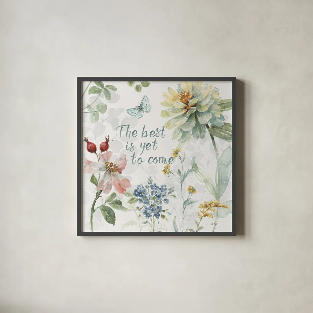 Spring Meadow X by Lisa Audit. Shown in a sleek black glass frame for a contemporary gallery look. Available as an archival giclee rolled canvas, fine art paper, or poster print. SKU 51769a.