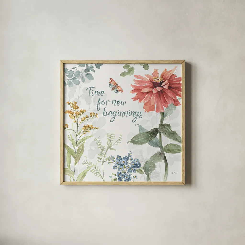 Spring Meadow XII by Lisa Audit. Shown in a natural wood glass frame for a timeless modern aesthetic. Available as an archival giclee rolled canvas, fine art paper, or poster print. SKU 51771a.