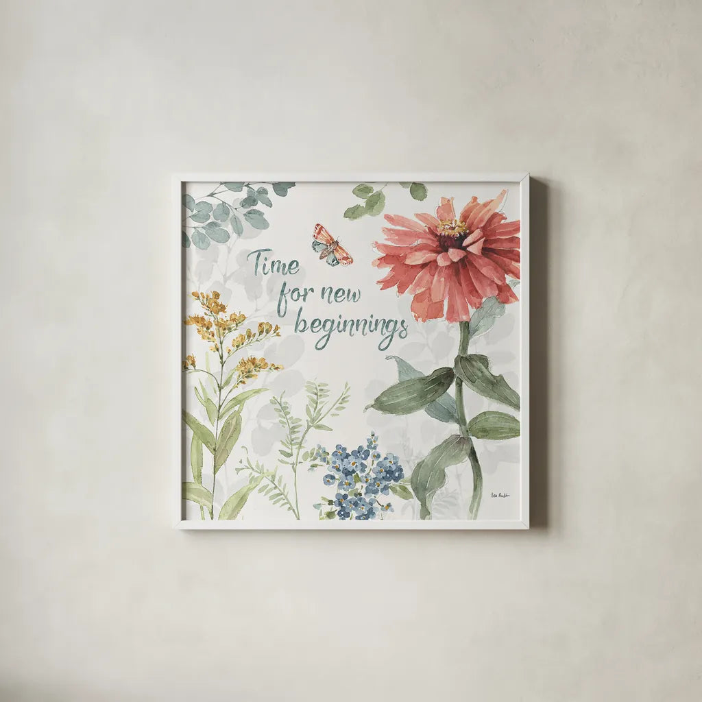 Spring Meadow XII by Lisa Audit. Shown in a crisp white glass frame for a clean and minimalist style. Available as an archival giclee rolled canvas, fine art paper, or poster print. SKU 51771a.