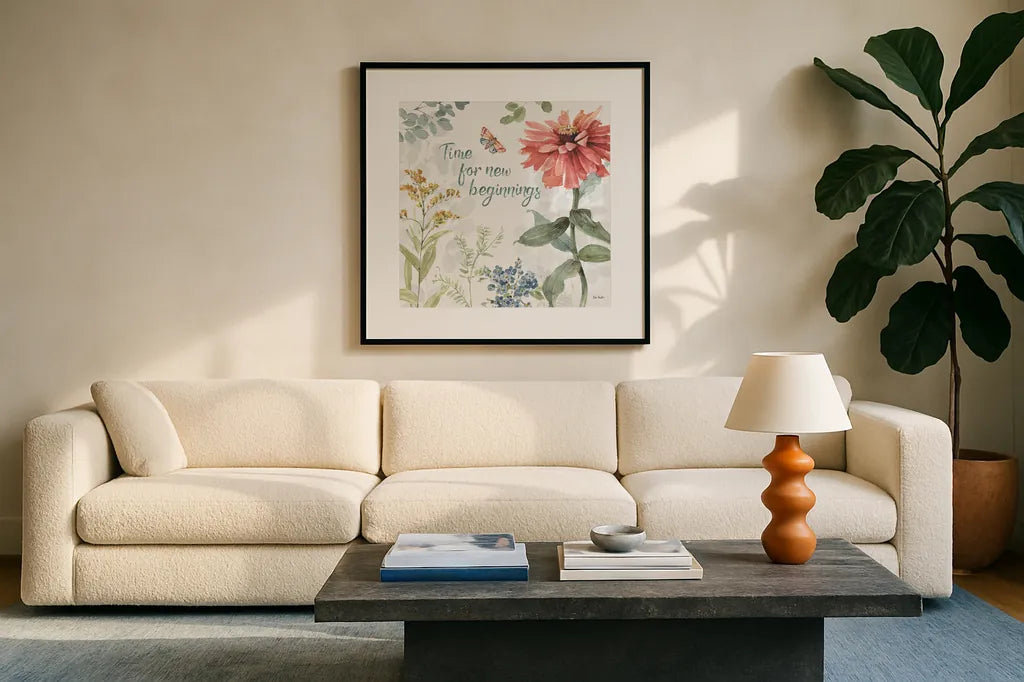 Spring Meadow XII by Lisa Audit. Displayed in a glass frame with matte in a clean modern living room. Available as an archival giclee rolled canvas, fine art paper, or poster print. SKU 51771a.
