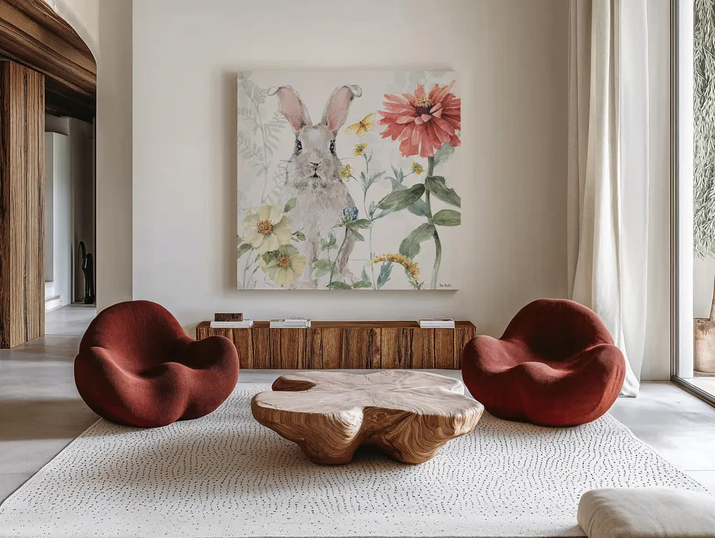 Spring Meadow XV by Lisa Audit. Shown as extra-large giant wall art in a modern living room. Available as an archival giclee rolled canvas, fine art paper, or poster print. SKU 51774a.