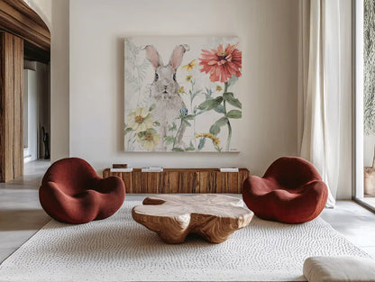 Spring Meadow XV by Lisa Audit. Shown as extra-large giant wall art in a modern living room. Available as an archival giclee rolled canvas, fine art paper, or poster print. SKU 51774a.