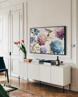 Spring Nectar IV by Lisa Audit. shown as a framed stretched canvas in a living room above a console. Available as a archival giclee rolled canvas, fine art paper, or poster print. SKU 103483i.
