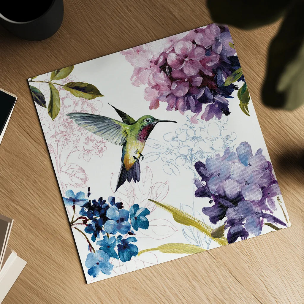 Spring Nectar Square II by Lisa Audit. Shown as a detailed flat fine art print, highlighting archival giclee quality. Available as an archival giclee rolled canvas, fine art paper, or poster print. SKU 9315a.