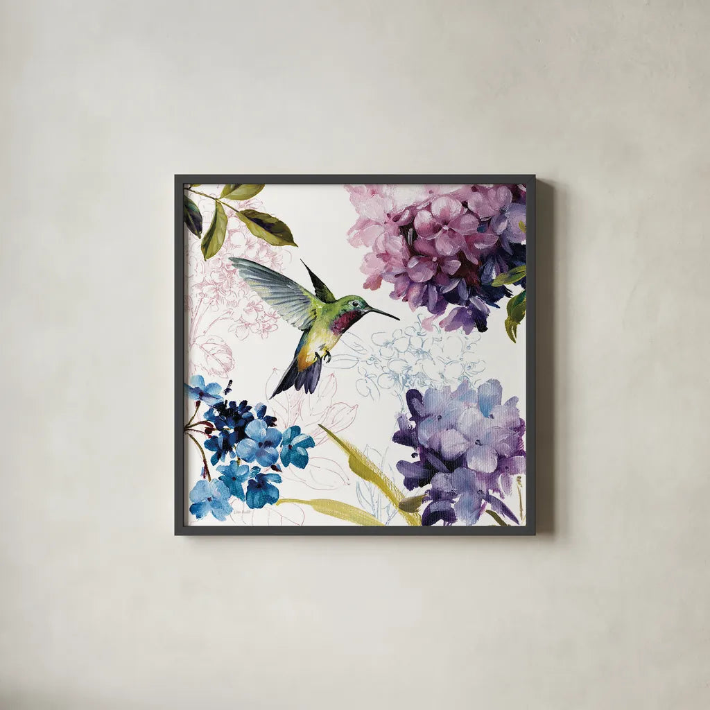 Spring Nectar Square II by Lisa Audit. Shown in a sleek black glass frame for a contemporary gallery look. Available as an archival giclee rolled canvas, fine art paper, or poster print. SKU 9315a.