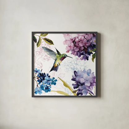Spring Nectar Square II by Lisa Audit. Shown in a sleek black glass frame for a contemporary gallery look. Available as an archival giclee rolled canvas, fine art paper, or poster print. SKU 9315a.