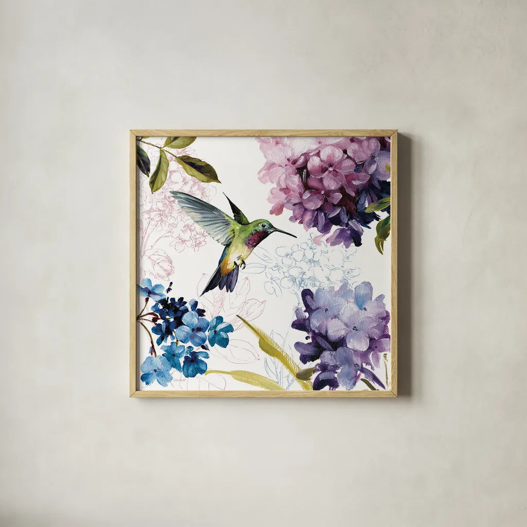 Spring Nectar Square II by Lisa Audit. Shown in a natural wood glass frame for a timeless modern aesthetic. Available as an archival giclee rolled canvas, fine art paper, or poster print. SKU 9315a.
