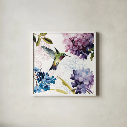 Spring Nectar Square II by Lisa Audit. Shown in a crisp white glass frame for a clean and minimalist style. Available as an archival giclee rolled canvas, fine art paper, or poster print. SKU 9315a.