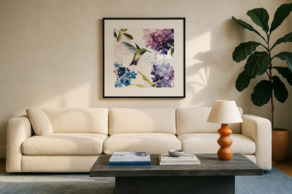 Spring Nectar Square II by Lisa Audit. Displayed in a glass frame with matte in a clean modern living room. Available as an archival giclee rolled canvas, fine art paper, or poster print. SKU 9315a.