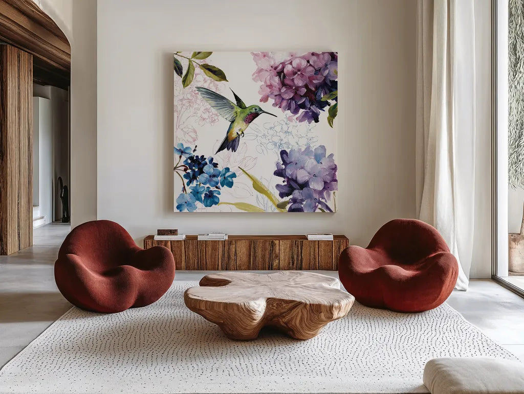 Spring Nectar Square II by Lisa Audit. Shown as extra-large giant wall art in a modern living room. Available as an archival giclee rolled canvas, fine art paper, or poster print. SKU 9315a.