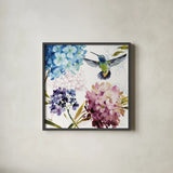 Spring Nectar Square III by Lisa Audit. Shown in a sleek black glass frame for a contemporary gallery look. Available as an archival giclee rolled canvas, fine art paper, or poster print. SKU 9316a.