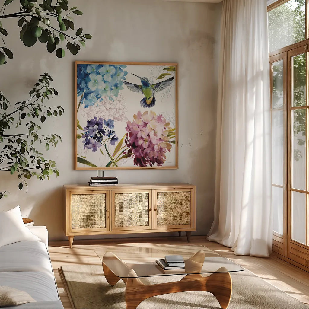 Spring Nectar Square III by Lisa Audit. Shown in a natural wood frame in a cozy modern living room. Available as an archival giclee rolled canvas, fine art paper, or poster print. SKU 9316a.