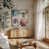 Spring Nectar Square III by Lisa Audit. Shown in a natural wood frame in a cozy modern living room. Available as an archival giclee rolled canvas, fine art paper, or poster print. SKU 9316a.
