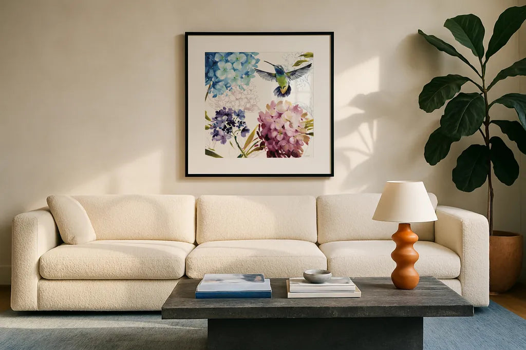 Spring Nectar Square III by Lisa Audit. Displayed in a glass frame with matte in a clean modern living room. Available as an archival giclee rolled canvas, fine art paper, or poster print. SKU 9316a.