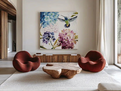 Spring Nectar Square III by Lisa Audit. Shown as extra-large giant wall art in a modern living room. Available as an archival giclee rolled canvas, fine art paper, or poster print. SKU 9316a.