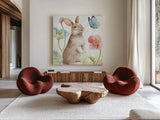 Spring Softies Bunnies II by Lisa Audit. Shown as extra-large giant wall art in a modern living room. Available as an archival giclee rolled canvas, fine art paper, or poster print. SKU 25953a.