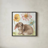 Spring Softies Bunnies III by Lisa Audit. Shown in a sleek black glass frame for a contemporary gallery look. Available as an archival giclee rolled canvas, fine art paper, or poster print. SKU 25954a.