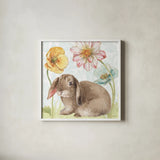 Spring Softies Bunnies III by Lisa Audit. Shown in a crisp white glass frame for a clean and minimalist style. Available as an archival giclee rolled canvas, fine art paper, or poster print. SKU 25954a.