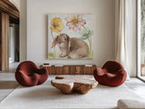 Spring Softies Bunnies III by Lisa Audit. Shown as extra-large giant wall art in a modern living room. Available as an archival giclee rolled canvas, fine art paper, or poster print. SKU 25954a.