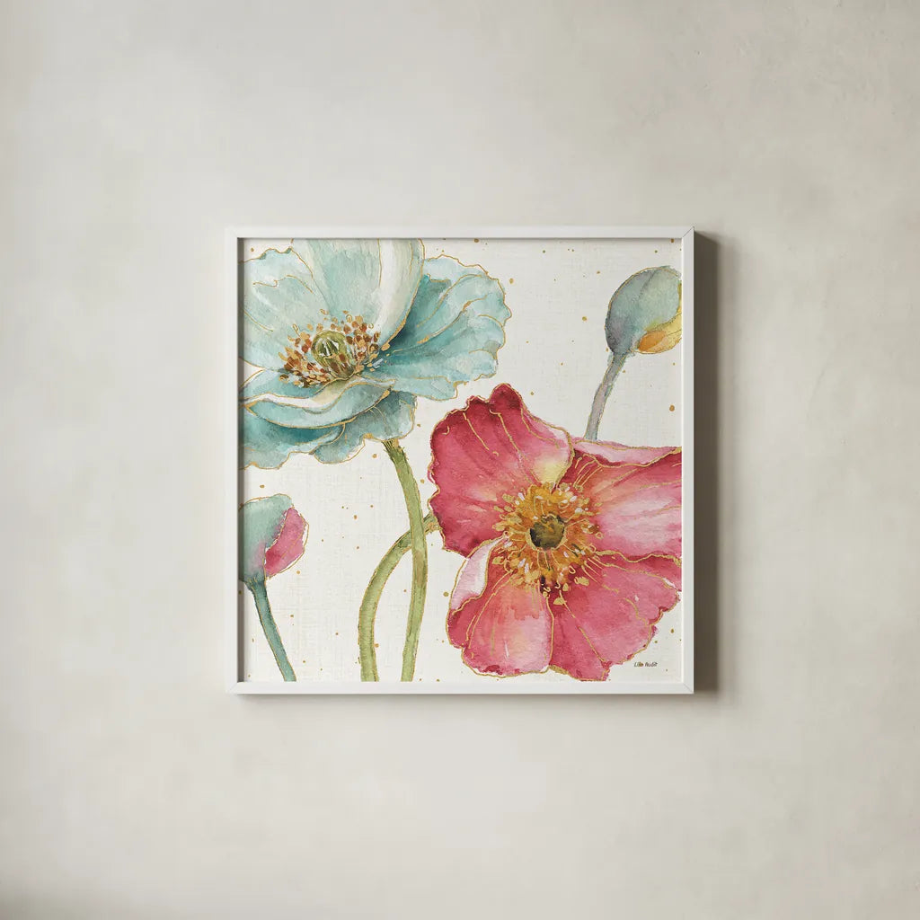 Spring Softies II by Lisa Audit. Shown in a crisp white glass frame for a clean and minimalist style. Available as an archival giclee rolled canvas, fine art paper, or poster print. SKU 25956a.