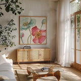 Spring Softies II by Lisa Audit. Shown in a natural wood frame in a cozy modern living room. Available as an archival giclee rolled canvas, fine art paper, or poster print. SKU 25956a.