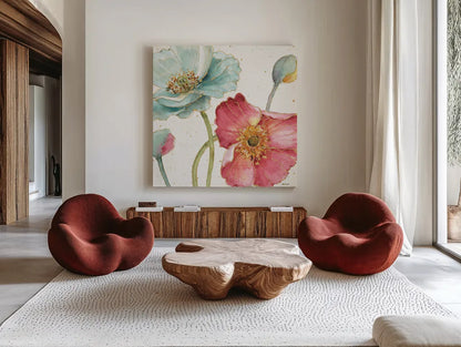 Spring Softies II by Lisa Audit. Shown as extra-large giant wall art in a modern living room. Available as an archival giclee rolled canvas, fine art paper, or poster print. SKU 25956a.