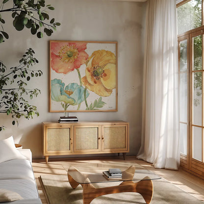 Spring Softies III by Lisa Audit. Shown in a natural wood frame in a cozy modern living room. Available as an archival giclee rolled canvas, fine art paper, or poster print. SKU 25957a.