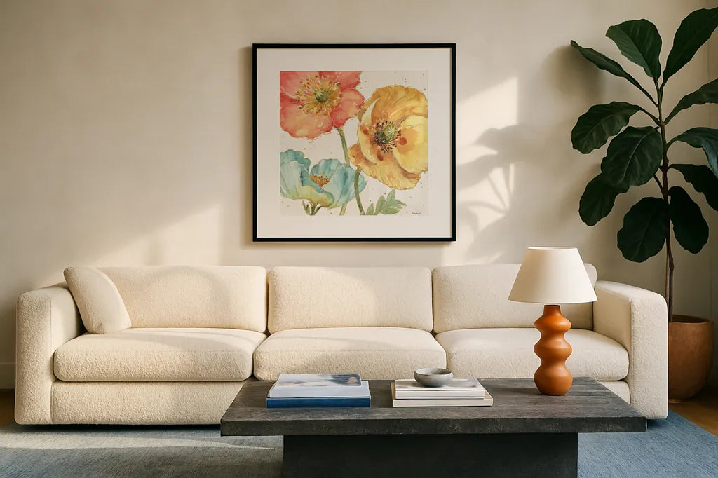 Spring Softies III by Lisa Audit. Displayed in a glass frame with matte in a clean modern living room. Available as an archival giclee rolled canvas, fine art paper, or poster print. SKU 25957a.